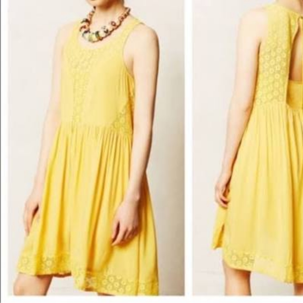 Breezey yellow dress with lace panels, Lilka by Anthropologie Sz M